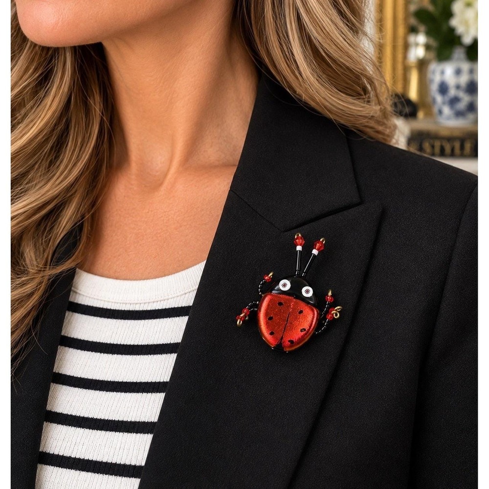 Handmade Ladybug Brooch Pin 2" Beaded Figural Red Black Artisan Whimsical
